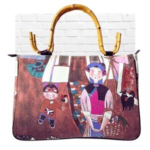 Chicos Canvas Tote Bamboo Handle Asian Statement Handbag Beaded Art to Wear